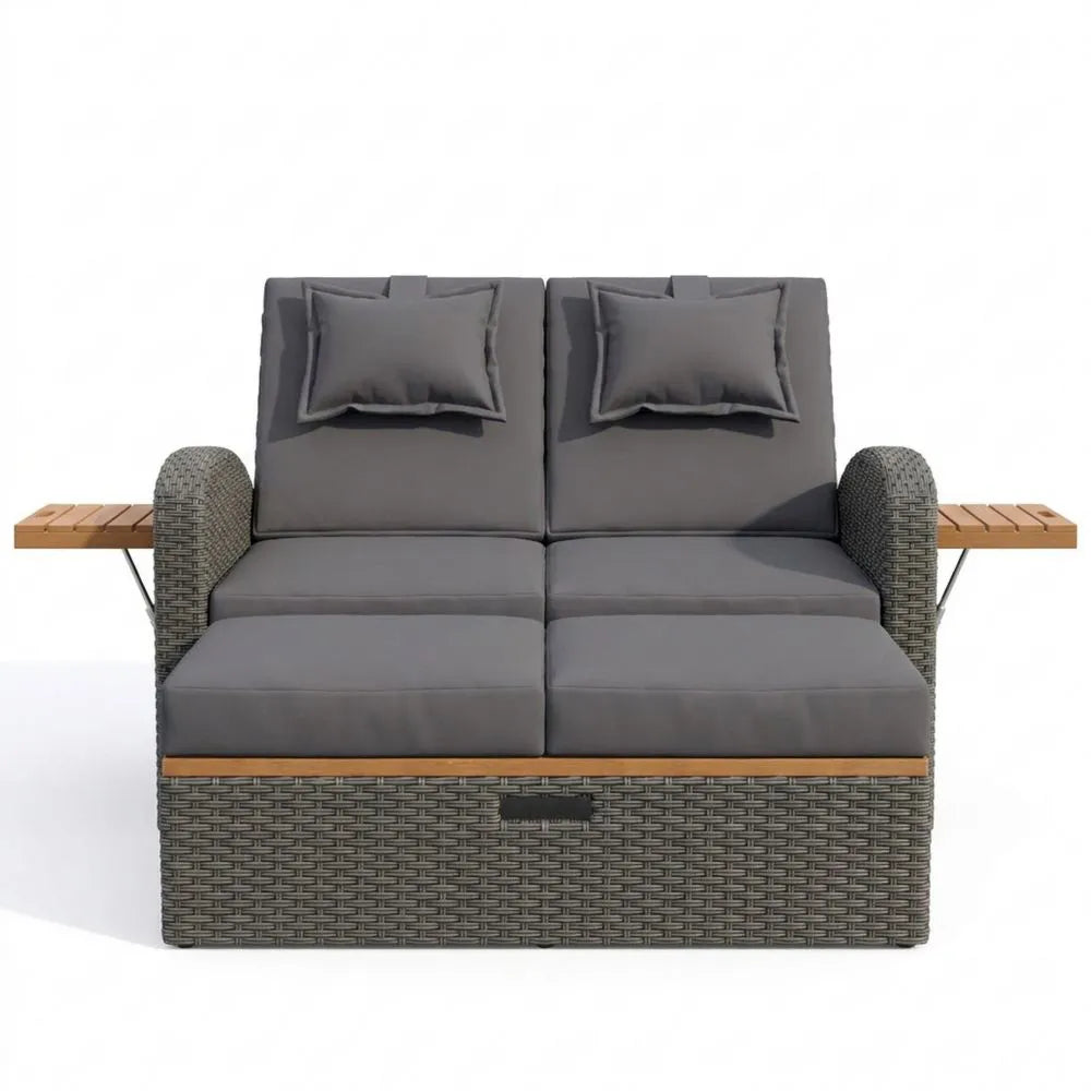 Modulares Gartenlounge-Set mit Schlaffunktion und Stauraum, Verstellbare Rückenlehne, Inklusive Hocker und Seitenablagen, Grau