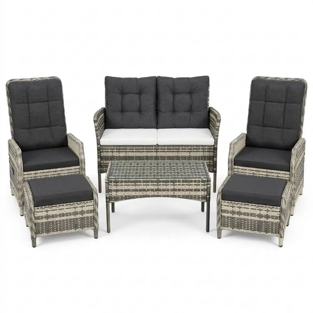 Verstellbares Rattan Outdoor Lounge-Set mit Polstern und Glastisch, wetterfest, für Terrasse