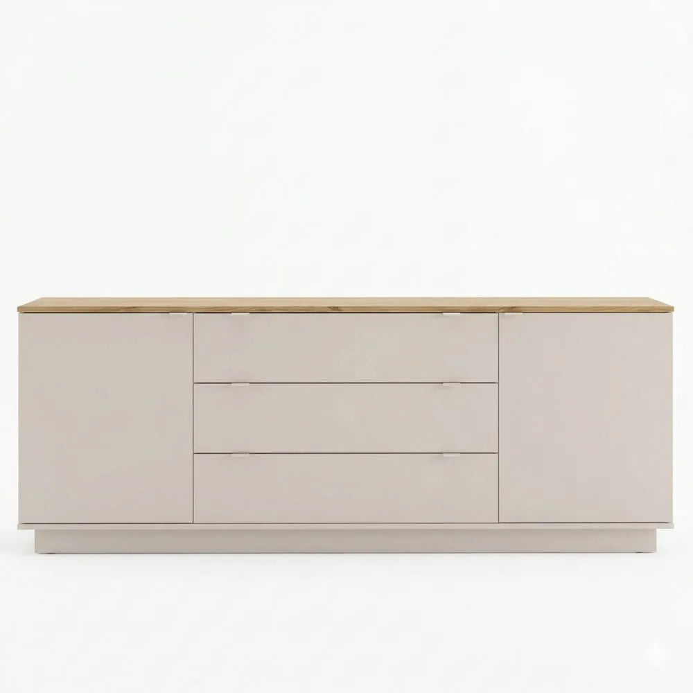 Minimalistisches Sideboard mit 2 Türen und 3 Schubladen, Holzdekor Eiche, für Wohn- und Schlafzimmer, 224,5 cm breit