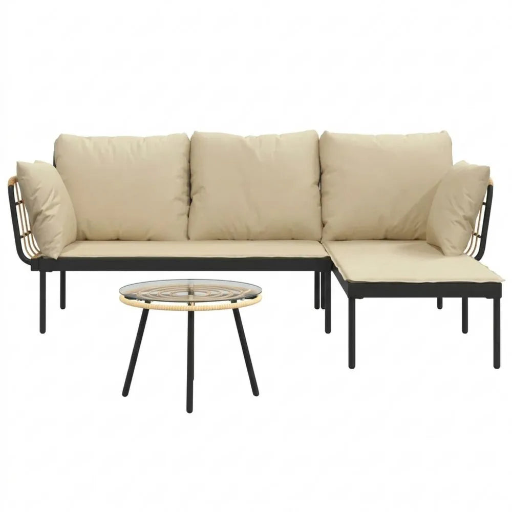 3-teilige Gartenmöbel-Sitzgruppe mit Kissen, L-förmiges Sofa aus Polyrattan für Terrasse