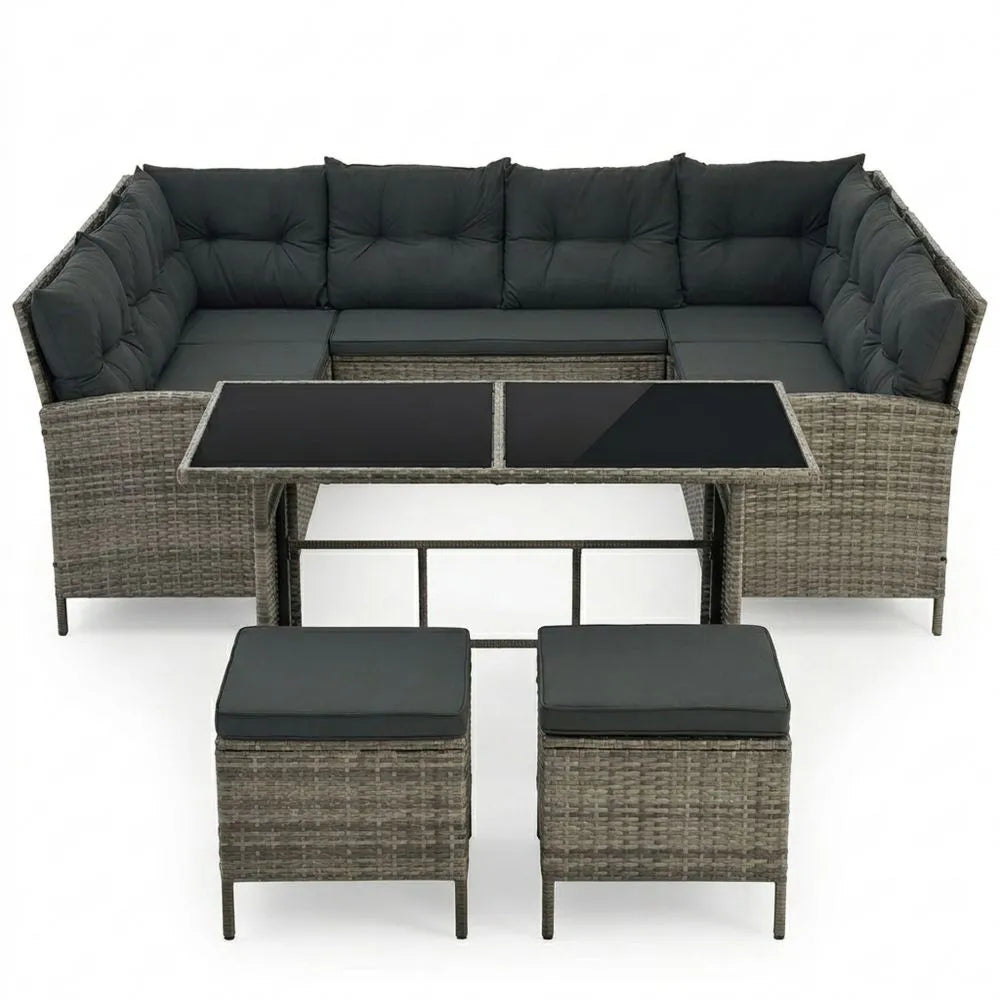 Gartenlounge Set mit Ecksofa und Esstisch, wetterfest für 7 Personen